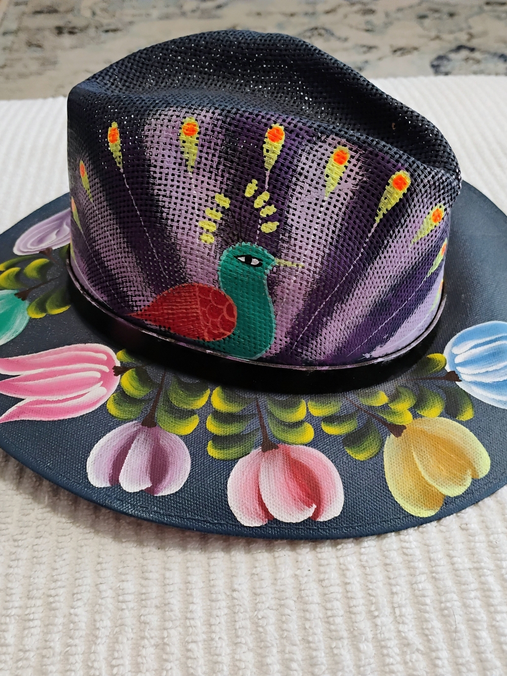 Hand Painted Fedora Hat Floral Art Boho Western Festival Statement Accessory - Picture 11 of 12
